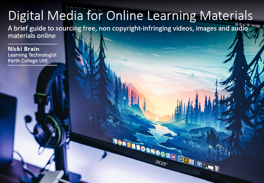 Decorative image of computer screen and headphones with title: Digital Media for Online Learning Materials